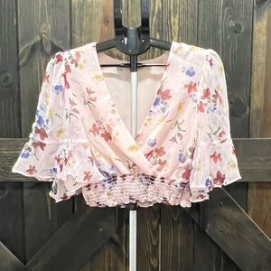 Chelsea & Violet Floral Babydoll Crop Top L Pink Smocked Boho Flutter Sleeves